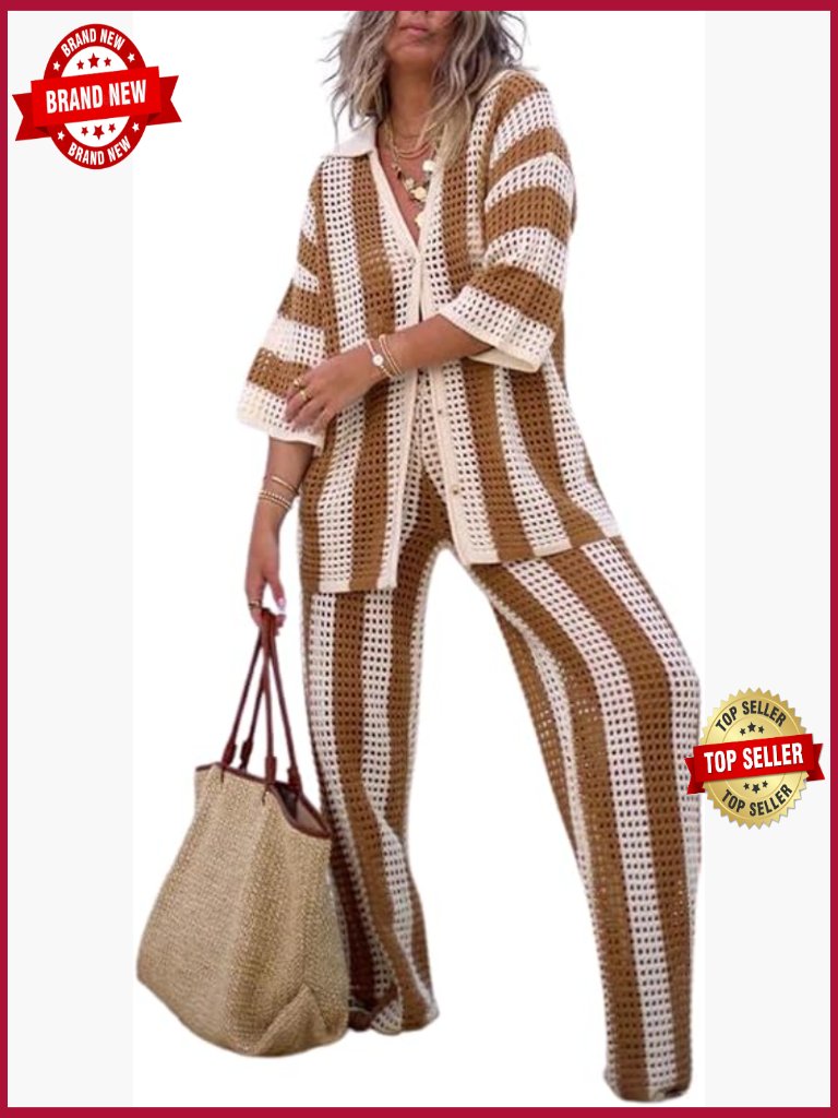 Crochet 2 Piece Cover Up Set - Button Down Top & Wide Leg Pants